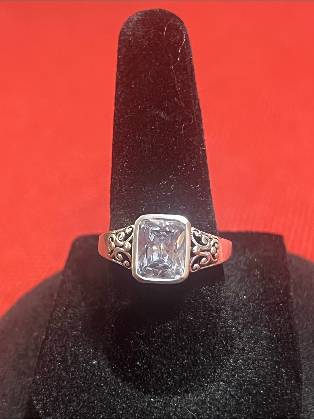 Sterling-Style Silver Ring with Clear Rectangular Center Stone.